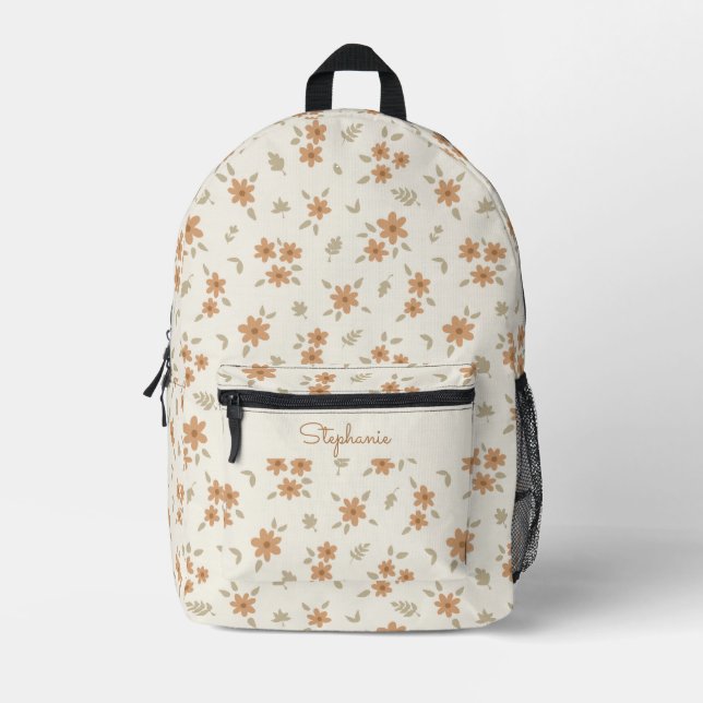 Ditsy Floral Boho Botanical Beige Girly Name Printed Backpack (Front)