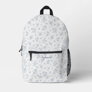 Ditsy Floral Boho Botanical White Blue Girly Name Printed Backpack