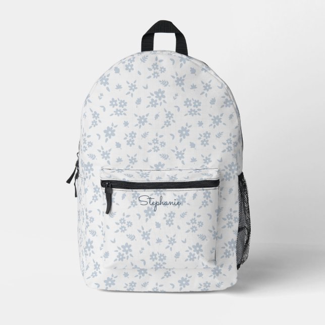 Ditsy Floral Boho Botanical White Blue Girly Name Printed Backpack (Front)