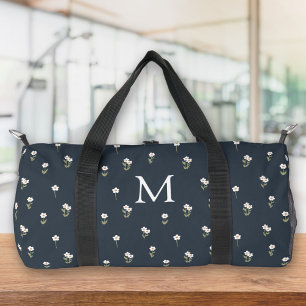 Ditsy Floral Boho Wildflower Dark Blue Monogram Duffle Bag