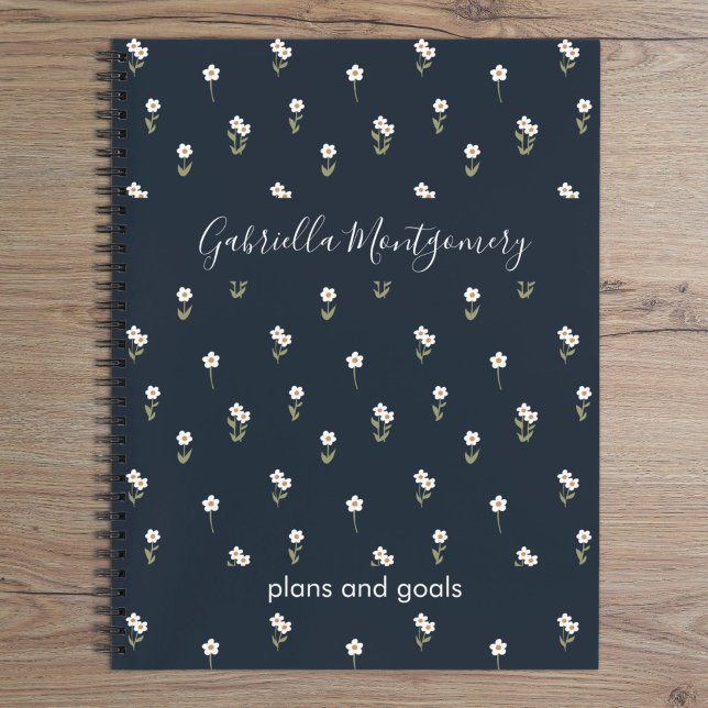 Ditsy Floral Boho Wildflower Dark Blue Name Text Notebook (Creator Uploaded)