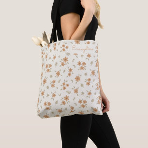 Ditsy Floral Boho Wildflower Neutral Beige Name Tote Bag