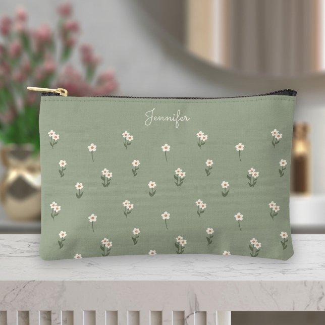 Ditsy Floral Boho Wildflower Sage Green Name Accessory Pouch (Creator Uploaded)