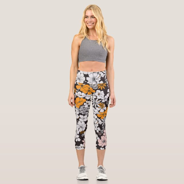 Ditsy Floral: Colourful Dark Background. Capri Leggings (Front)