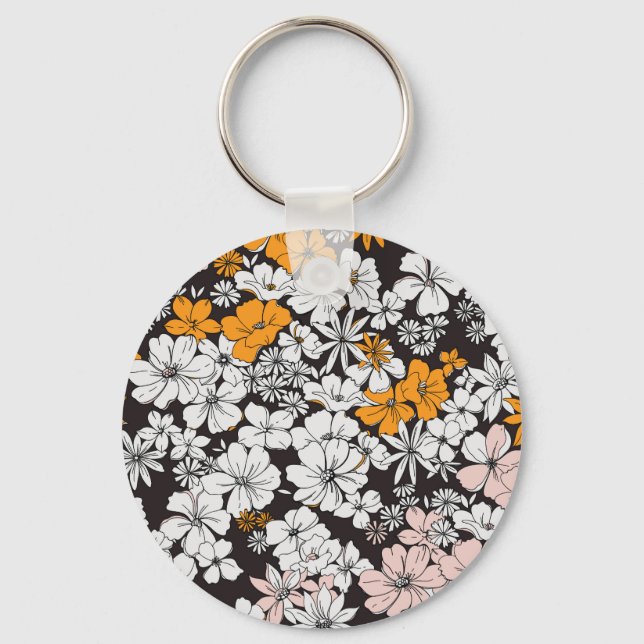 Ditsy Floral: Colourful Dark Background. Key Ring (Front)