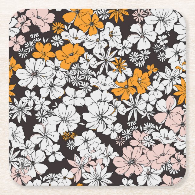 Ditsy Floral: Colourful Dark Background. Square Paper Coaster (Front)