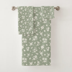 Ditsy Floral Muted Neutral Cottagecore Sage Green Bath Towel Set