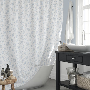 Ditsy Floral Pattern Coastal Cottage Blue White Shower Curtain