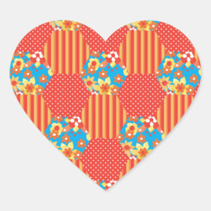 Ditsy Floral, Stripes, Polka Dots Patchwork Heart Sticker