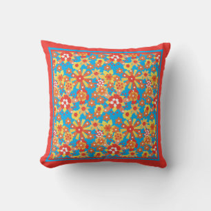 Ditsy Red, Orange, Yellow Flowers on Turquoise Cushion