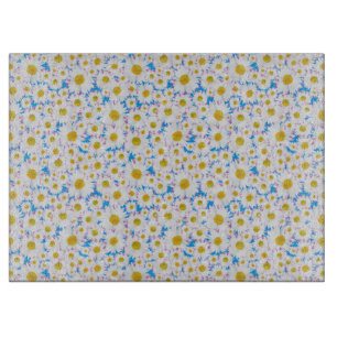 Ditzy Daisies on Blue Custom Glass Cutting Board