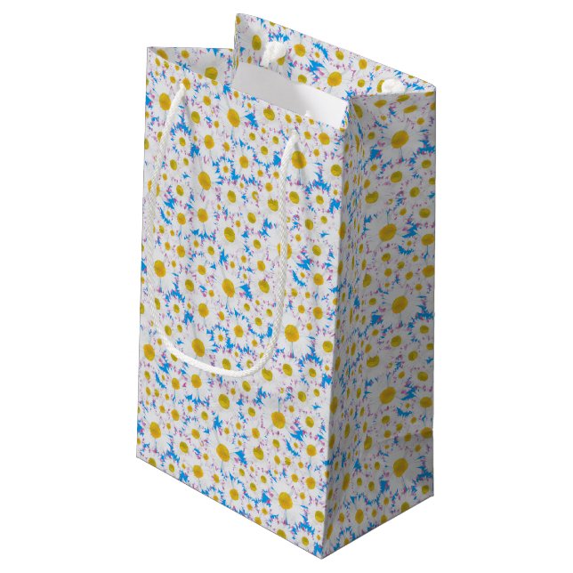 Ditzy Daisies on Blue Custom Small Gift Bag (Back Angled)