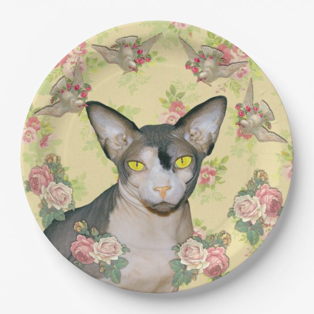 Ditzy Floral Sphynx Cat Dove Party Paper Plate (Front)
