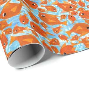 Ditzy Orange Fishes on Watery Blue Wrapping Paper