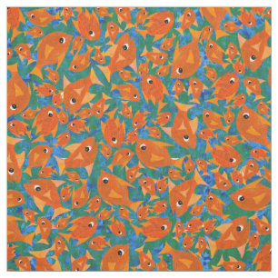Ditzy Orange Fishes Pattern on Blue Green Fabric