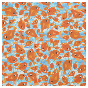 Ditzy Orange Fishes Pattern on Watery Blue Fabric