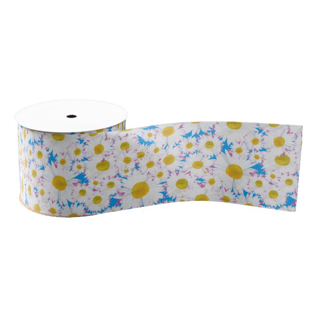 Ditzy White Daisies, Blue Custom Grosgrain Ribbon (Spool)