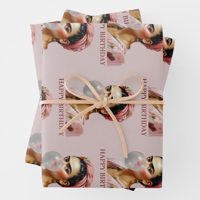 Diva blowing bubble gum Happy Birthday Wrapping Paper Sheet (In situ)