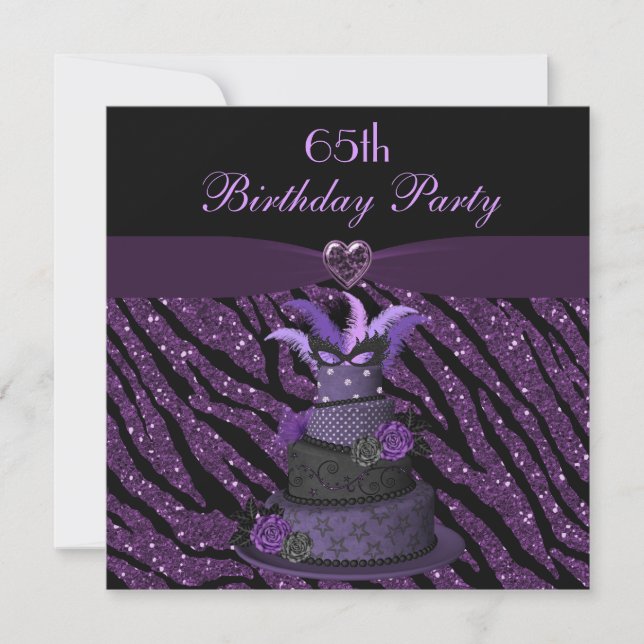 Diva Cake & Printed Zebra Glitter 65th Birthday Invitation (Front)