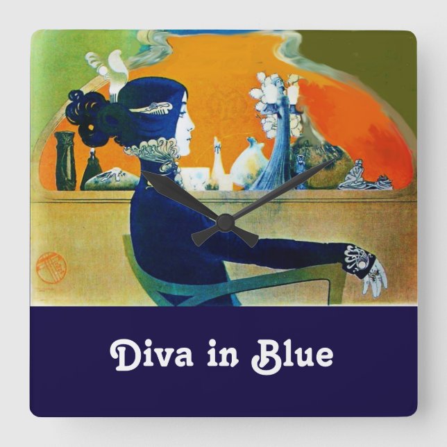 DIVA IN BLUE ,BEAUTY FASHION SQUARE WALL CLOCK (Front)