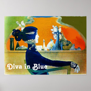 DIVA IN BLUE / Beauty,Hair,Fashion Art Nouveau Poster
