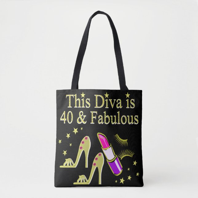 DIVA IS 40 AND FABULOUS GOLD HIGH HEEL DESIGN TOTE BAG (Front)