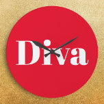 Diva Opera Singer Musical Performer Music Themed Large Clock<br><div class="desc">Keep in time, stay on cue and add a glamourous touch to your wall with this vibrant clock, which features the word Diva in white on red. Sure to hit the right note with music lovers, this eye-catching timepiece blends bold flair with its own energetic star quality. Ideal for studios,...</div>