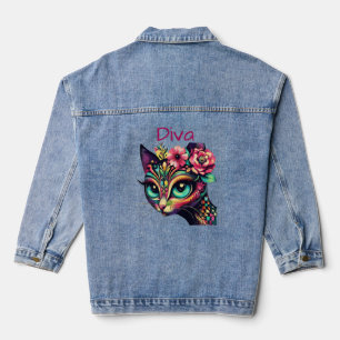Diva Whimsical Big-Eye Cat Kitty Floral Denim Jacket