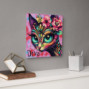 Diva Whimsical Big-Eye Cat Kitty Floral Square Wall Clock