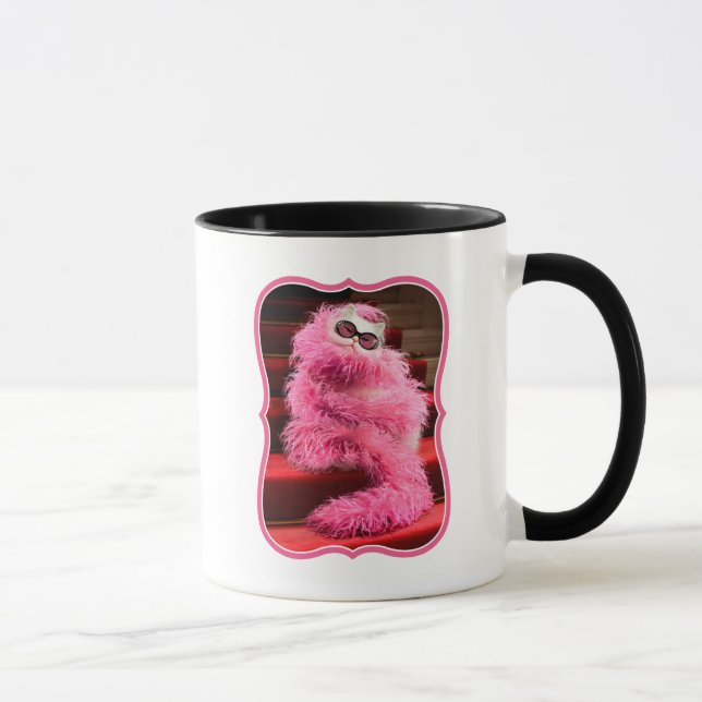 Diva White Cat Wrapped in Pink Boa on Red Carpet Mug (Right)