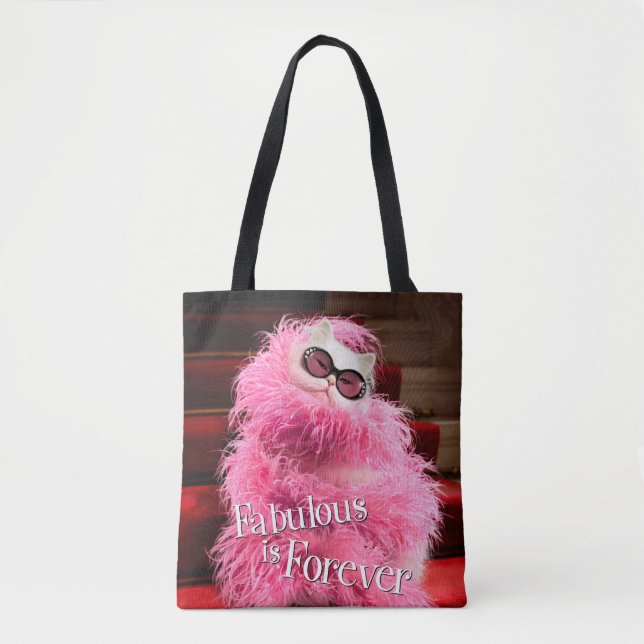Diva White Cat Wrapped in Pink Boa on Red Carpet Tote Bag (Front)