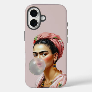 Diva with floral scarf blowing bubble gum iPhone 16 case
