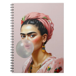 Diva with floral scarf blowing bubble gum notebook