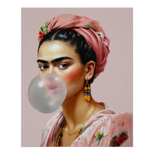 Diva with floral scarf blowing bubble gum poster