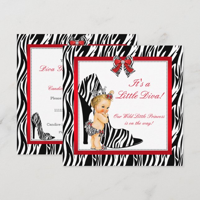 Diva Zebra Princess Girl Baby Shower Blonde Invitation (Front/Back)