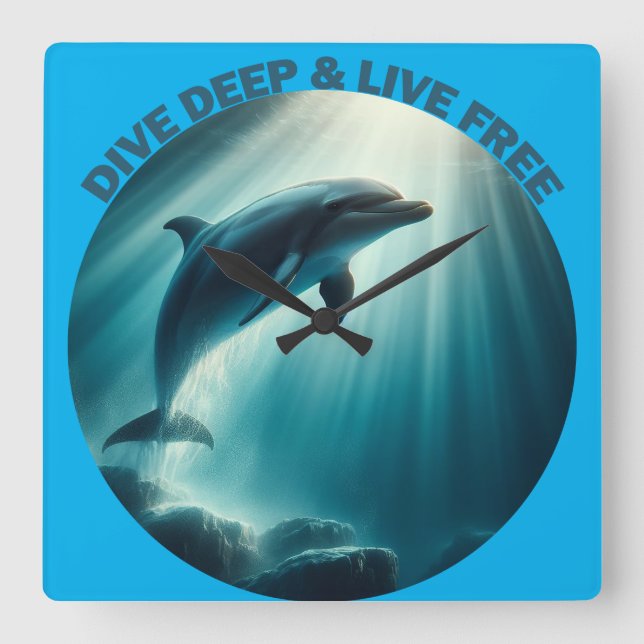 Dive Deep Live Free Dolphin  Square Wall Clock (Front)
