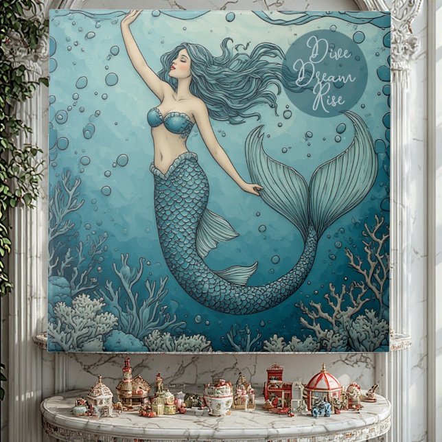 Dive Dream Rise Ocean Coral Reef Mermaid Inspiring Tile (Dive Dream Rise Ocean Coral Reef Mermaid Inspiring Ceramic Tile)