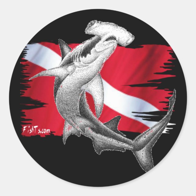 Dive flag with hammerhead shark-diver down classic round sticker (Front)