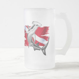 Dive flag with hammerhead shark-diver down frosted glass beer mug