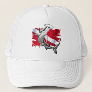 Dive flag with hammerhead shark-diver down trucker hat