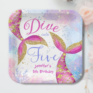Dive in Five Girl Pink 5th Birthday Paper Plate