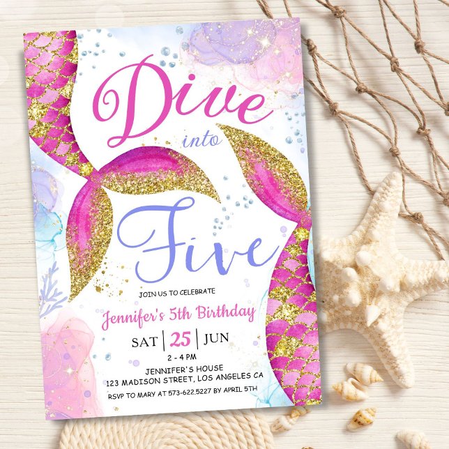 Dive in Five Girl Pink 5th Birthday Party  Invitation (Creator Uploaded)