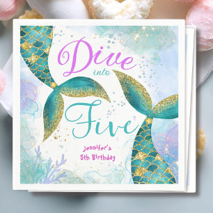 Dive in Five Purple Teal 5th Birthday Paper Napkin