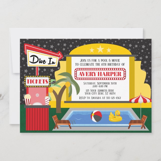 Dive In Pool & Movie Birthday Invitation (Front)