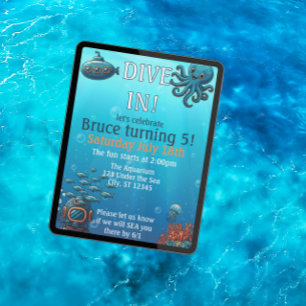 Dive In Under the Sea, Blue birthday party Invitation