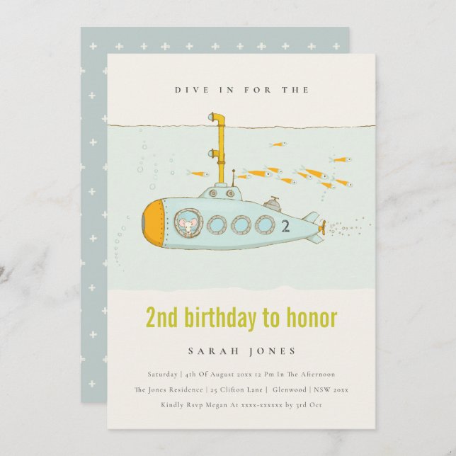 Dive In Undersea Submarine Any Age Birthday Invite (Front/Back)