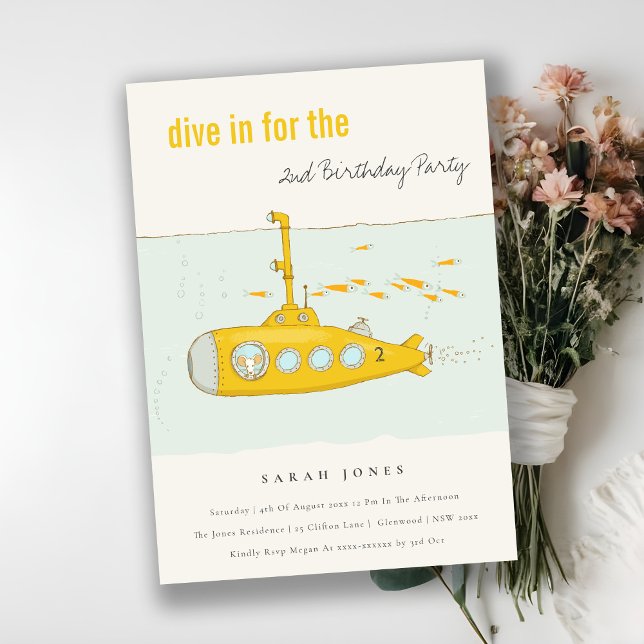 Dive In Undersea Submarine Yellow Any Age Birthday Invitation (Creator Uploaded)