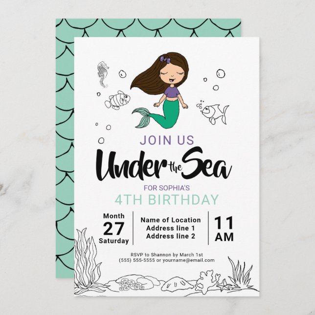 Dive In! White Mermaid Birthday Party Invitations (Front/Back)