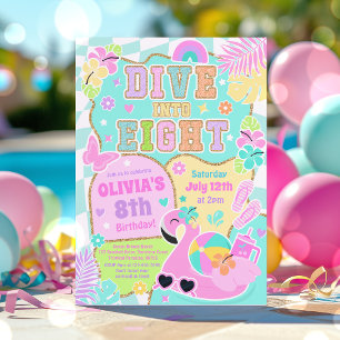 Dive Into Eight Preppy Girl Pool Party Birthday Invitation