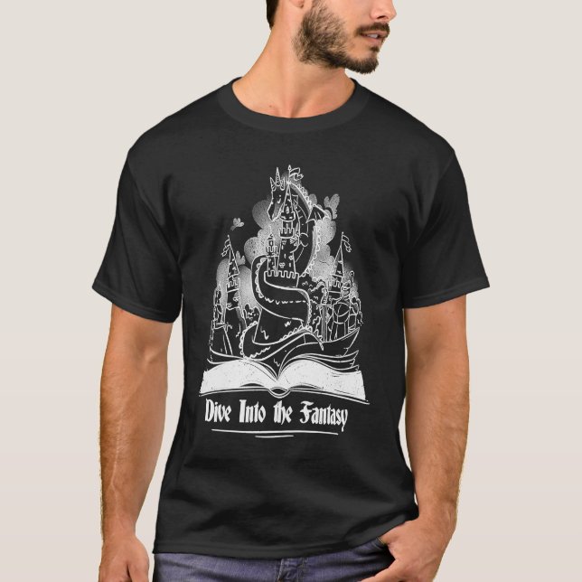 Dive Into Fantasy Reading Reader Dragon Book Retro T-Shirt (Front)